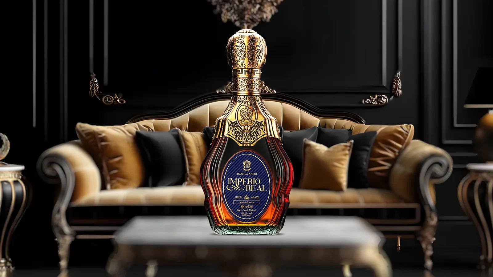 Imperio Real Añejo tequila bottle with refined lounge background