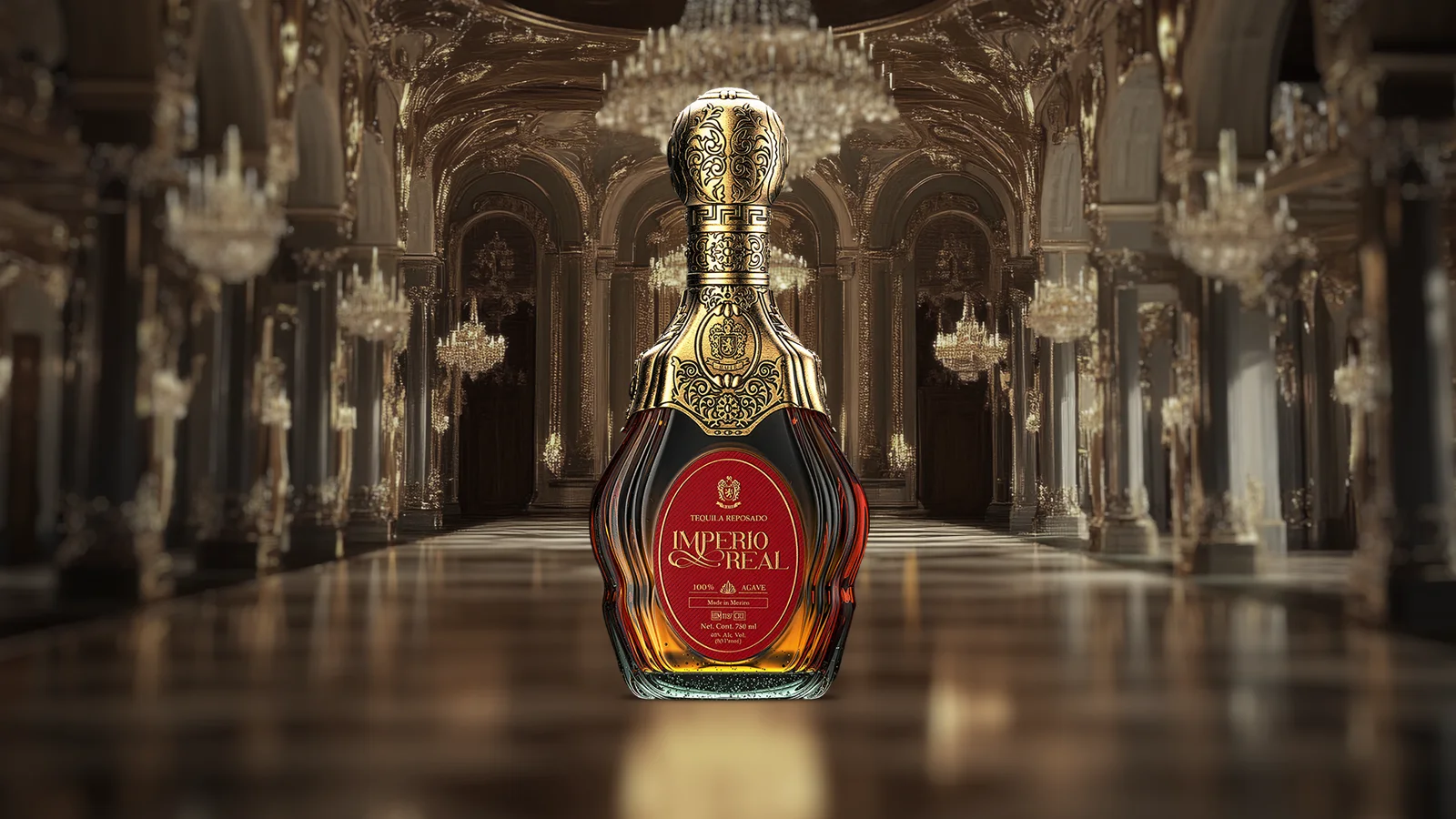 Imperio Real Reposado tequila bottle with luxury palace background
