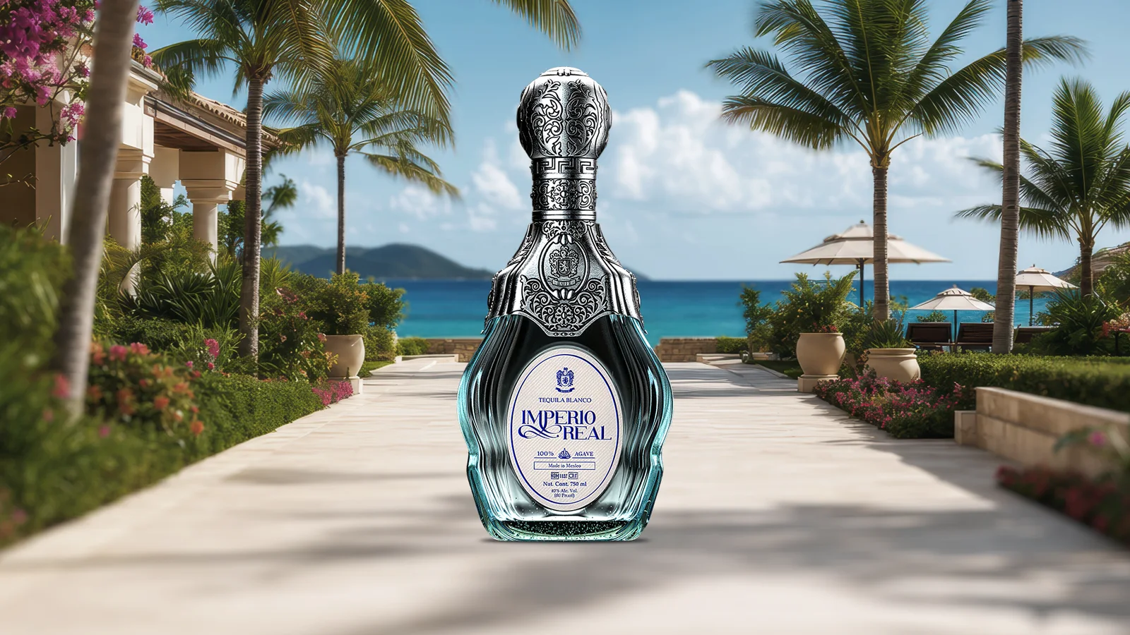 Imperio Real Blanco tequila bottle with ocean resort background
